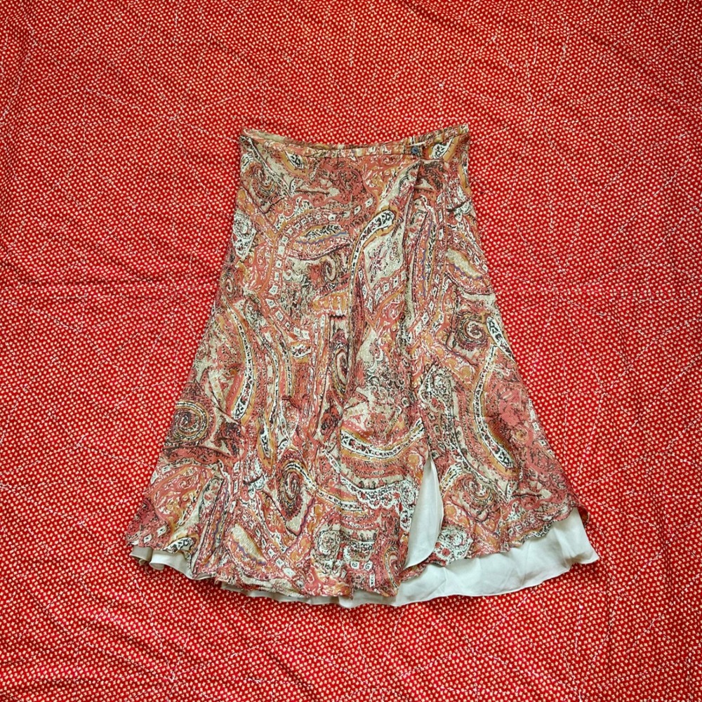 Charter Club 100% Silk Paisley Wrap Skirt Size 10 Orange Pink Lined Midi fairy